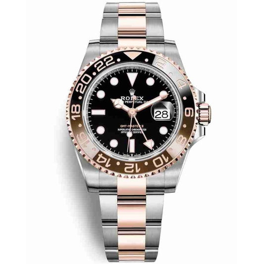 ROLEX OYSTER PERPETUAL GMT CERAMIC BEZEL WATCH BLACK WITH STAINLESS STEEL SILVER&ROSE GOLD BEL - cornerwatchesstore