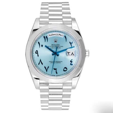 ROLEX DAY-DATE ARABIC WATCH BLUE WITH STAINLESS STEEL SILVER BELT - cornerwatchesstore