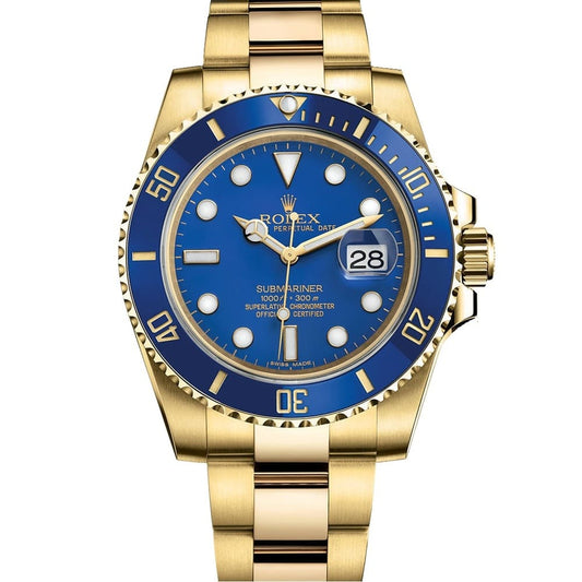 ROLEX OYSTER PERPETUAL SUBMARINER CERAMIC BEZEL WATCH BLUE WITH STAINLESS STEEL GOLD BELT - cornerwatchesstore