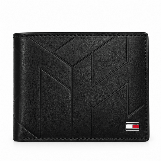 Tommy Hilfiger Geometric Leather Trifold Wallet – Black | TH-9810 - cornerwatchesstore
