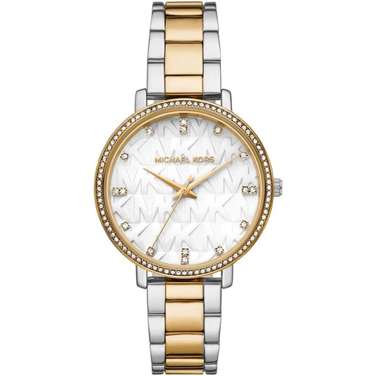 Michael Kors Watch For Women Pyper With White dial , Featured with MK Logo dial Stainless steel Metal belt with Silver and Gold color - cornerwatchesstore