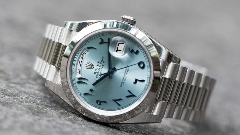 ROLEX DAY-DATE ARABIC WATCH BLUE WITH STAINLESS STEEL SILVER BELT - cornerwatchesstore