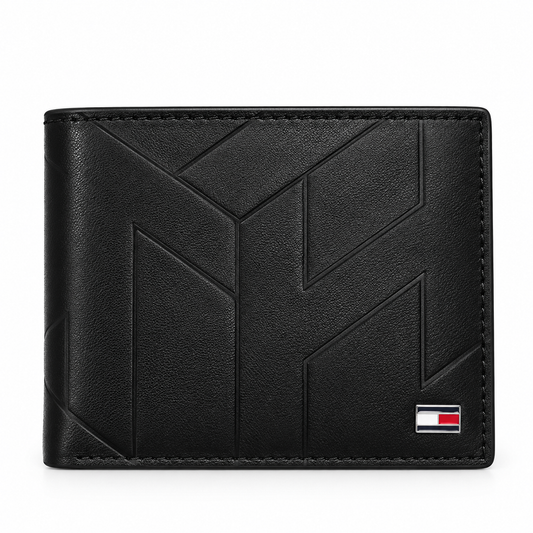 Tommy Hilfiger Geometric Leather Trifold Wallet – Black | TH-9810