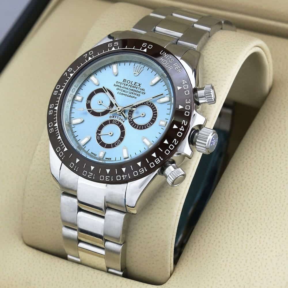 ROLEX OYSTER PERPETUAL SUPERLATIVE CHRONOMETER OFFICIALLY CERTIFIED COSMOGRAPH DAYTONA PLATINUM CHRONOGRAPH WATCH BLUE WITH STAINLESS STEEL SILVER BELT