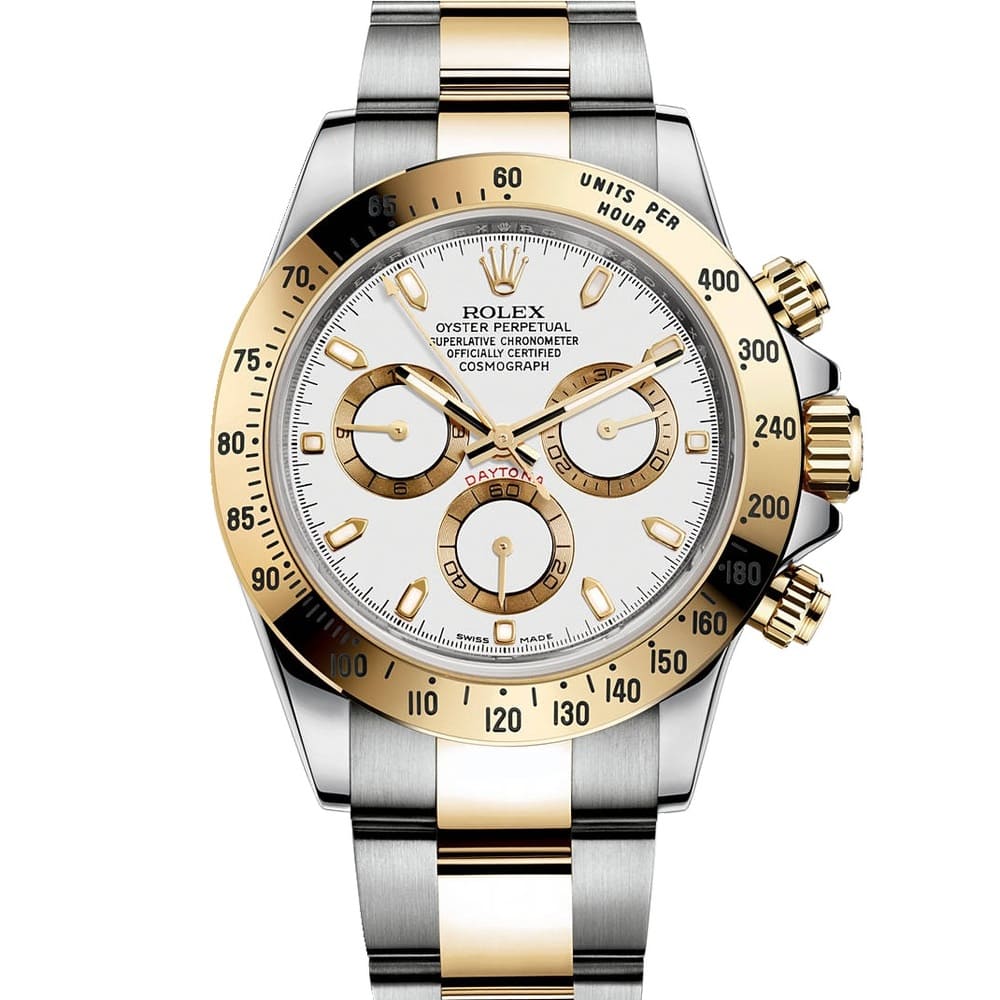 ROLEX PERPETUAL SUPERLATIVE CHRONOMETER OFFICIALLY CERTIFIED COSMOGRAPH DAYTONA WATCH WHITE WITH STAINLESS STEEL SILVER&GOLD BELT