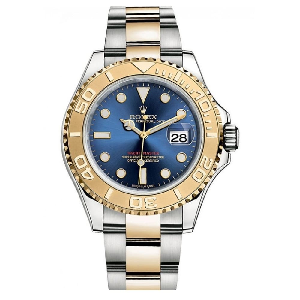 ROLEX YACHT MASTER CHOCOLATE WATCH BLUE WITH STAINLESS STEEL SILVER& GOLD BELT - cornerwatchesstore