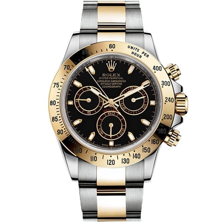 ROLEX PERPETUAL SUPERLATIVE CHRONOMETER OFFICIALLY CERTIFIED COSMOGRAPH DAYTONA WATCH BLACK WITH STAINLESS STEEL SILVER&GOLD BELT