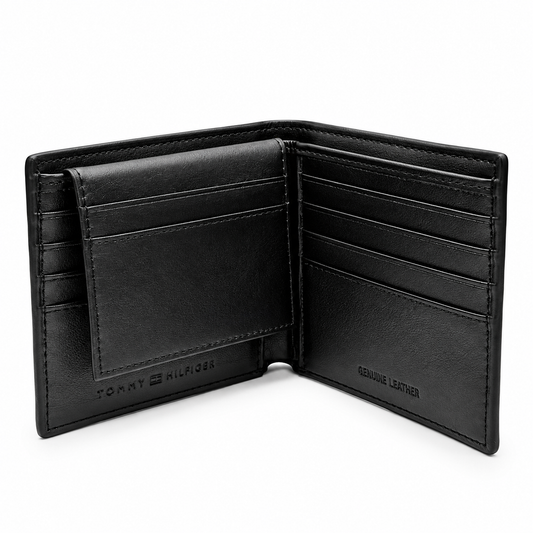 Tommy Hilfiger Geometric Leather Trifold Wallet – Black | TH-9810