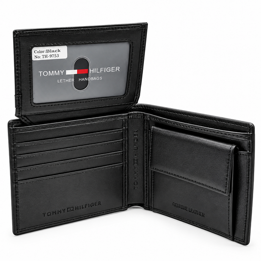 Tommy Hilfiger Men's Black Genuine Leather Bifold Wallet – TH-9753