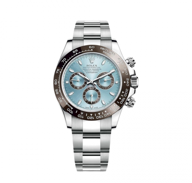 ROLEX OYSTER PERPETUAL SUPERLATIVE CHRONOMETER OFFICIALLY CERTIFIED COSMOGRAPH DAYTONA PLATINUM CHRONOGRAPH WATCH BLUE WITH STAINLESS STEEL SILVER BELT