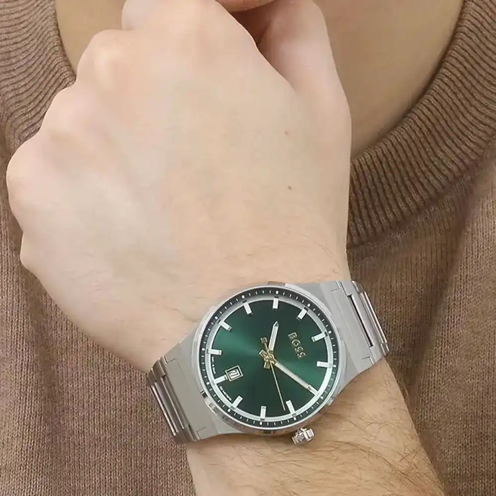 Hugo Boss Watch For men Candor With Green dial Silver Metal Strap - cornerwatchesstore