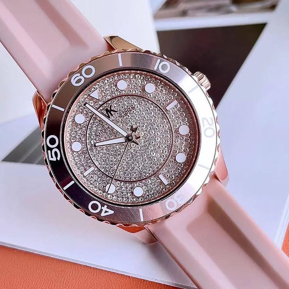 Michael Kors Watch For Women Runway With Rose Gold Dial Rubber Strap with Pink color