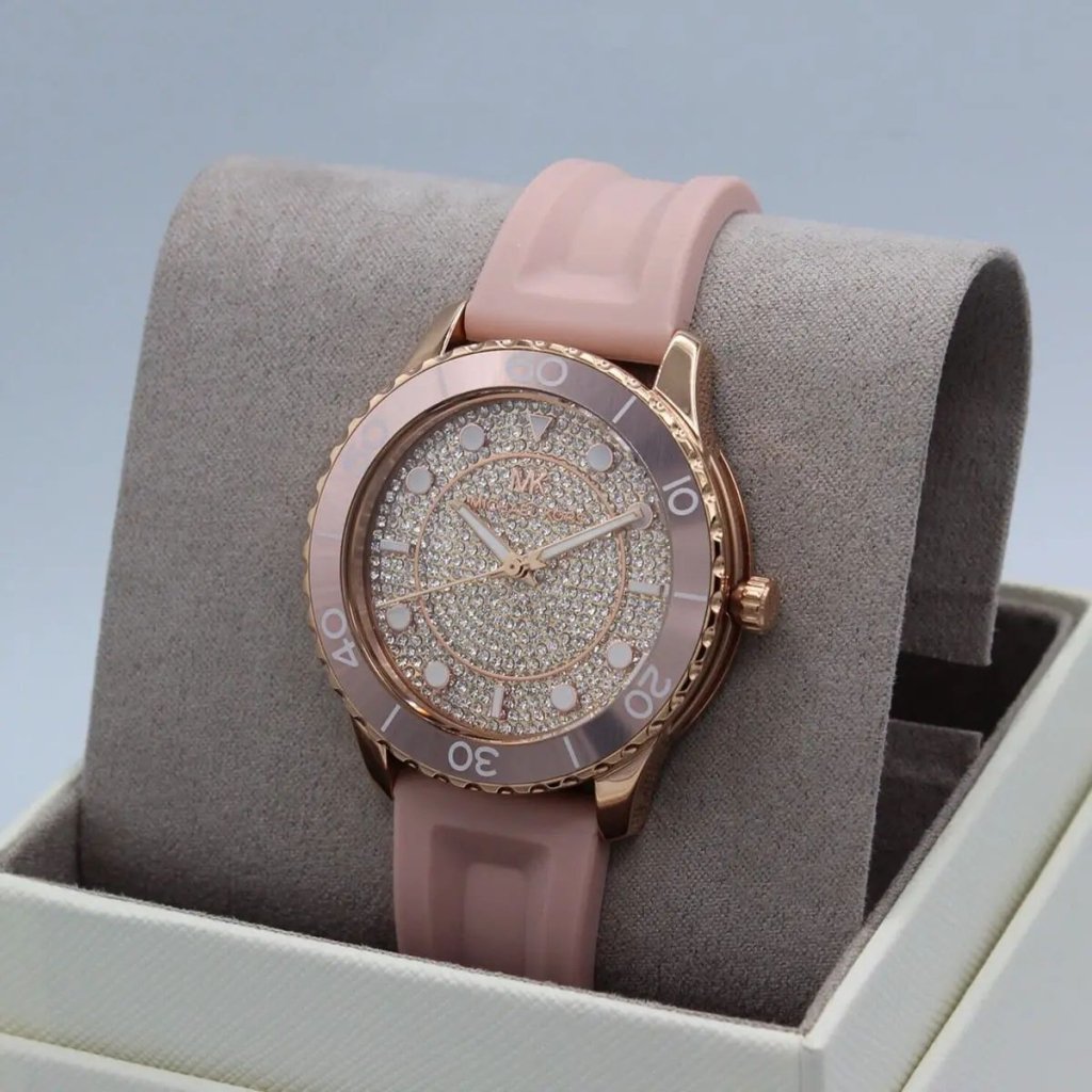 Michael Kors Watch For Women Runway With Rose Gold Dial Rubber Strap with Pink color - cornerwatchesstore