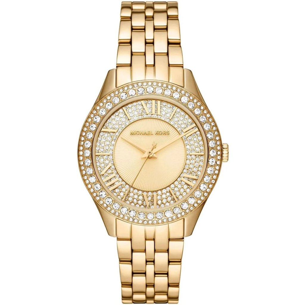 Michael Kors Watch For Women Harlowe With Gold dial , Featured with Crystals decorated Stainless steel Metal belt with Gold color - cornerwatchesstore