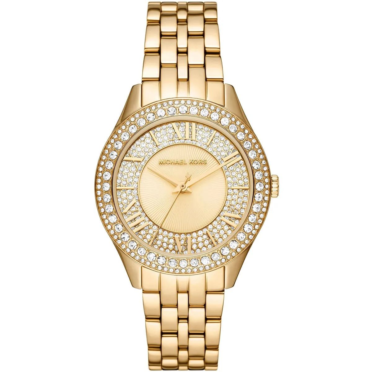 Michael Kors Watch For Women Harlowe With Gold dial , Featured with Crystals decorated Stainless steel Metal belt with Gold color