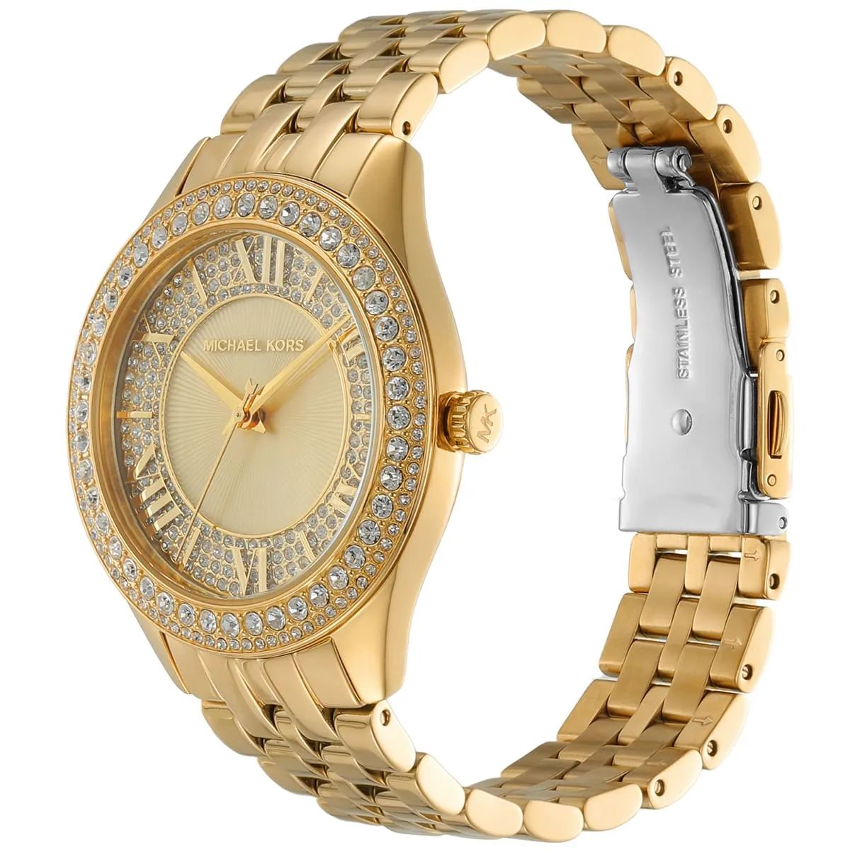 Michael Kors Watch For Women Harlowe With Gold dial , Featured with Crystals decorated Stainless steel Metal belt with Gold color