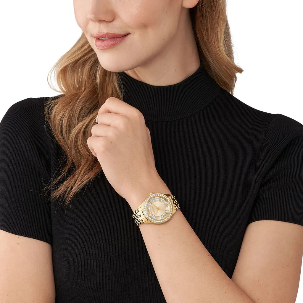 Michael Kors Watch For Women Harlowe With Gold dial , Featured with Crystals decorated Stainless steel Metal belt with Gold color