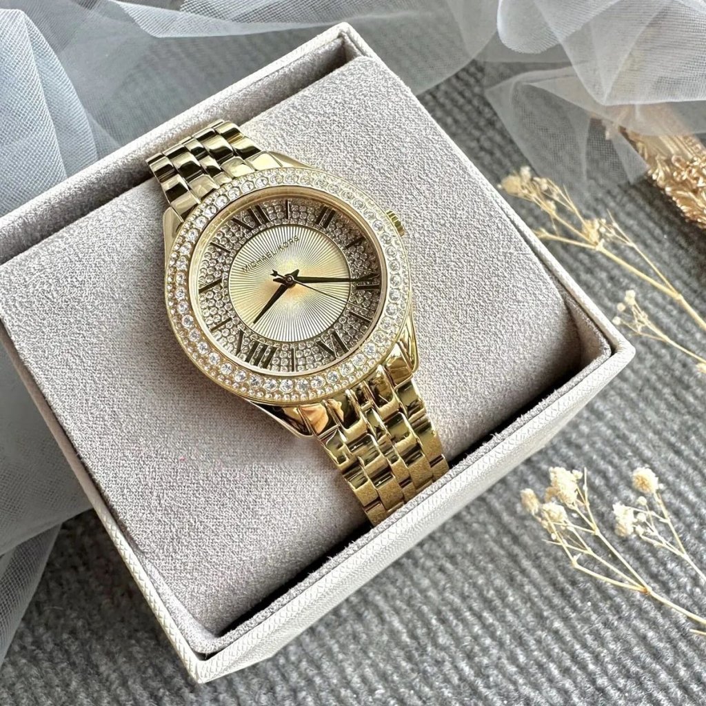 Michael Kors Watch For Women Harlowe With Gold dial , Featured with Crystals decorated Stainless steel Metal belt with Gold color - cornerwatchesstore