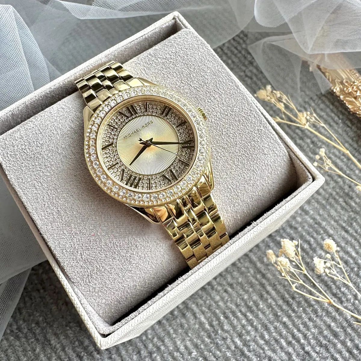 Michael Kors Watch For Women Harlowe With Gold dial , Featured with Crystals decorated Stainless steel Metal belt with Gold color
