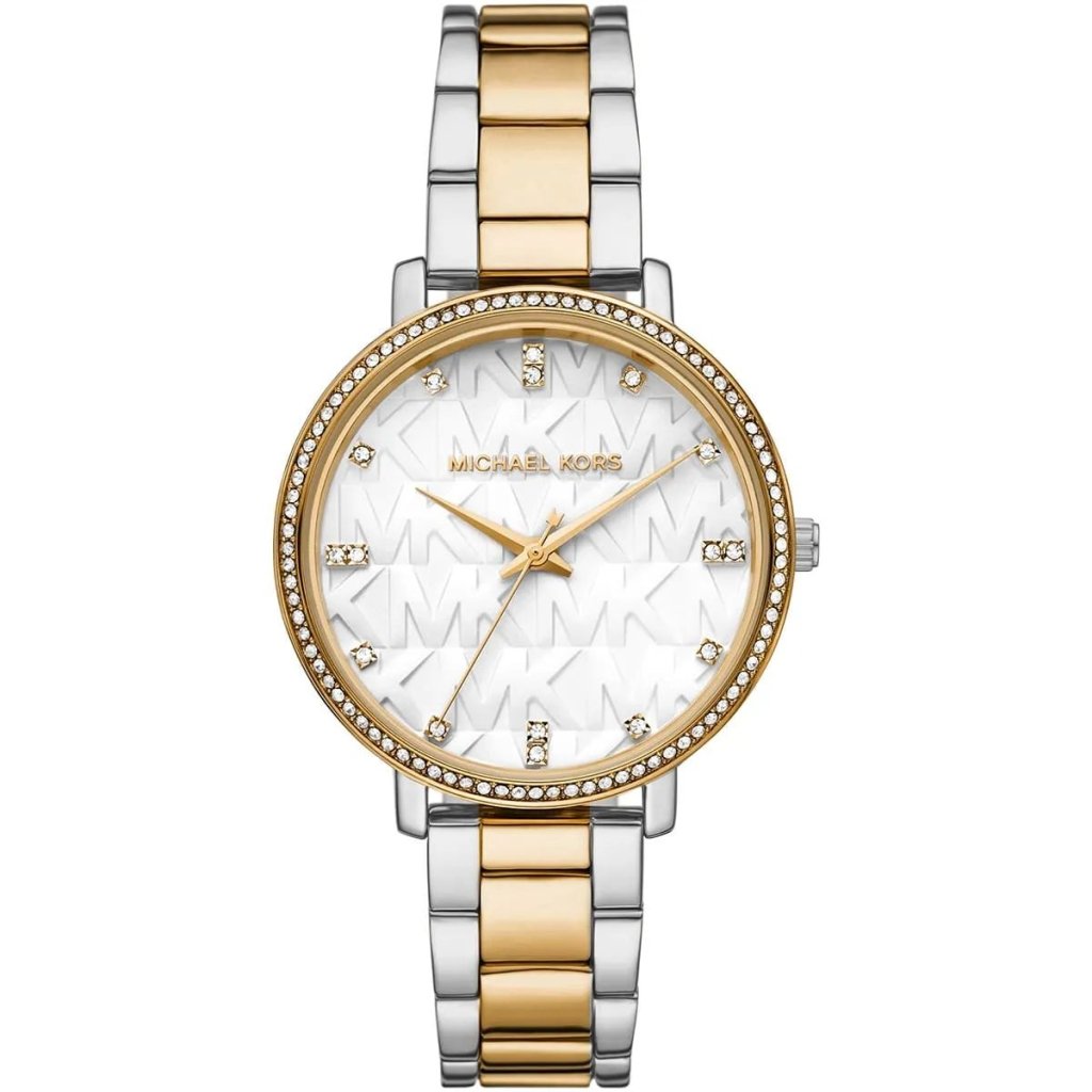 Michael Kors Watch For Women Pyper With White dial , Featured with MK Logo dial Stainless steel Metal belt with Silver and Gold color - cornerwatchesstore