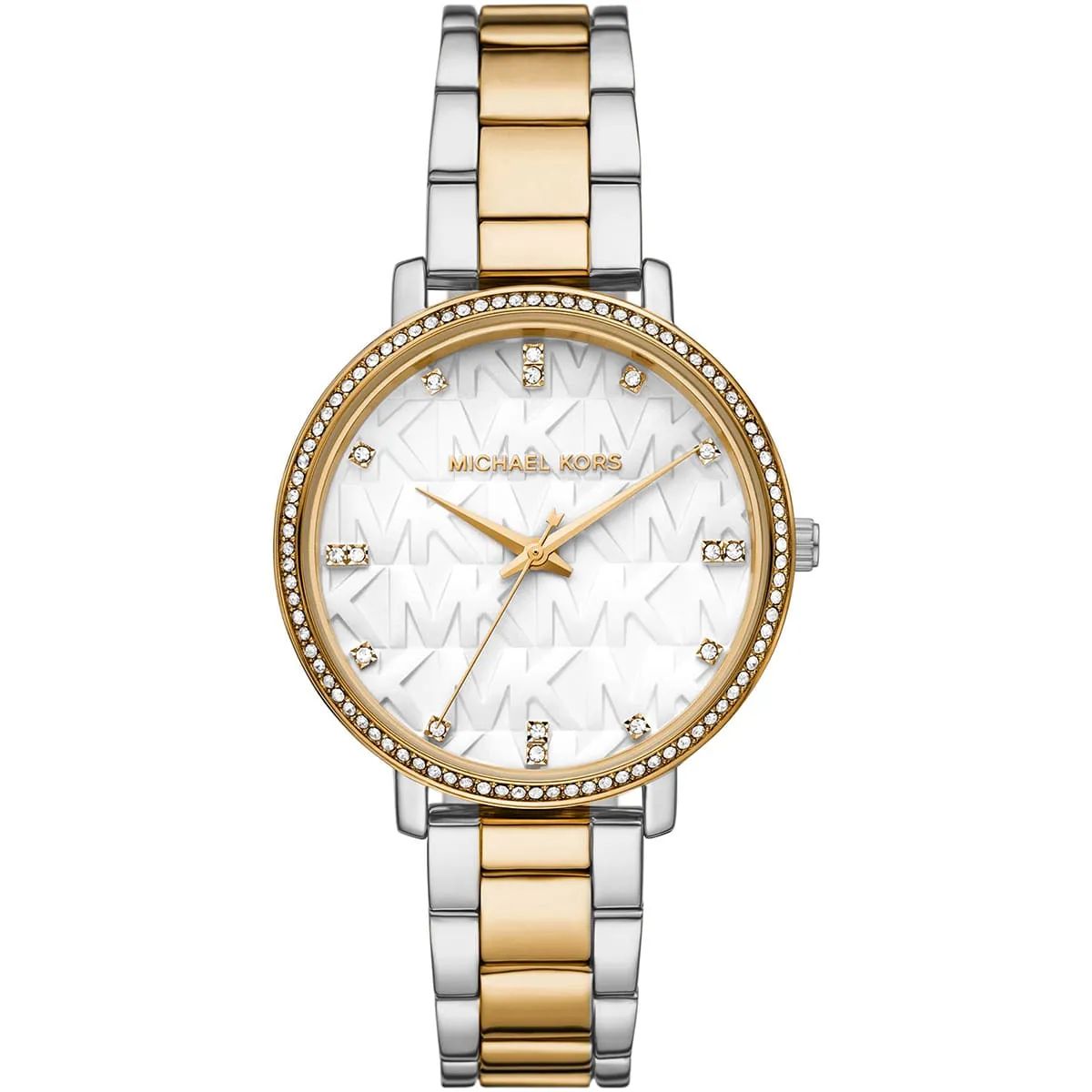 Michael Kors Watch For Women Pyper With White dial , Featured with MK Logo dial Stainless steel Metal belt with Silver and Gold color
