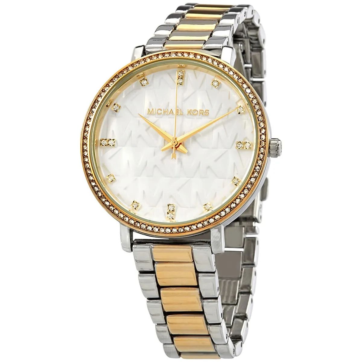 Michael Kors Watch For Women Pyper With White dial , Featured with MK Logo dial Stainless steel Metal belt with Silver and Gold color