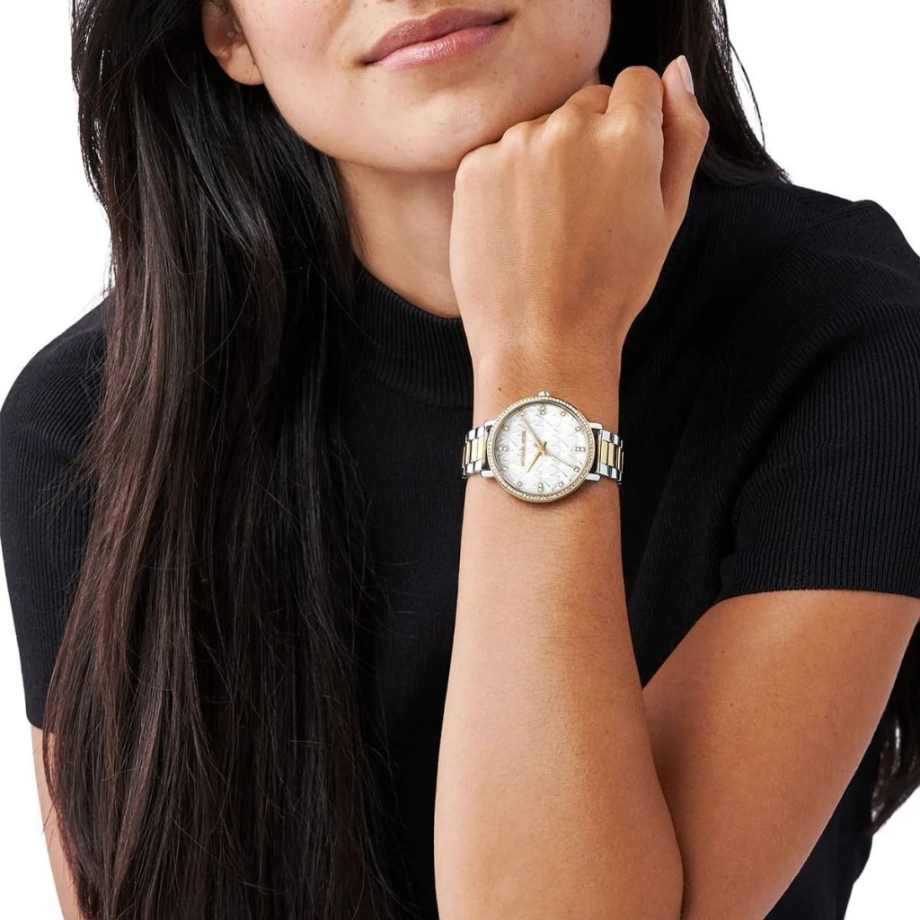 Michael Kors Watch For Women Pyper With White dial , Featured with MK Logo dial Stainless steel Metal belt with Silver and Gold color - cornerwatchesstore