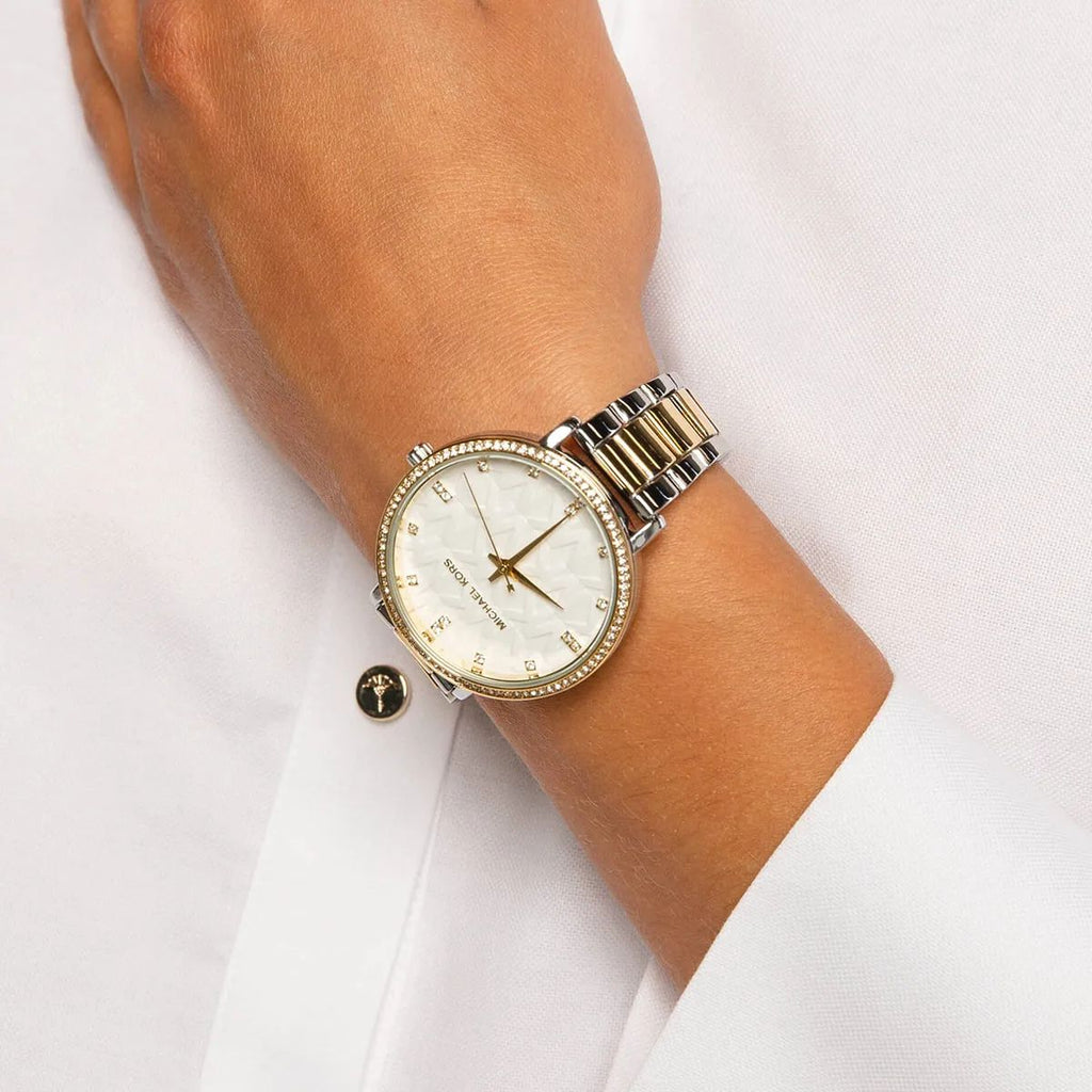 Michael Kors Watch For Women Pyper With White dial , Featured with MK Logo dial Stainless steel Metal belt with Silver and Gold color