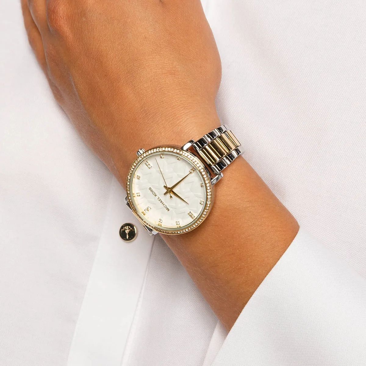 Michael Kors Watch For Women Pyper With White dial , Featured with MK Logo dial Stainless steel Metal belt with Silver and Gold color