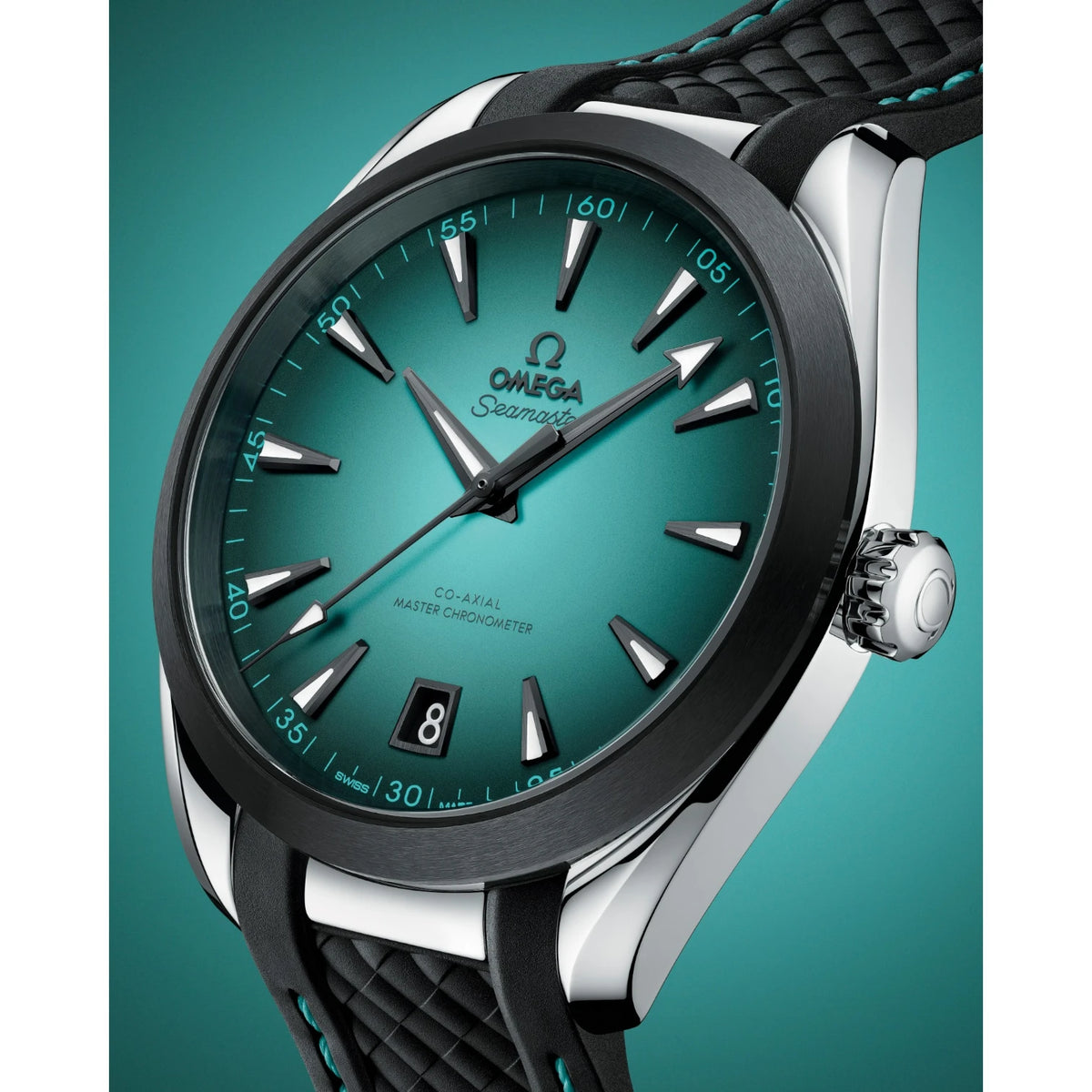 Omega Seamaster Aqua Terra Mirror Original Watch for Men - Turquoise Dial, Black Rubber Strap - Image 3