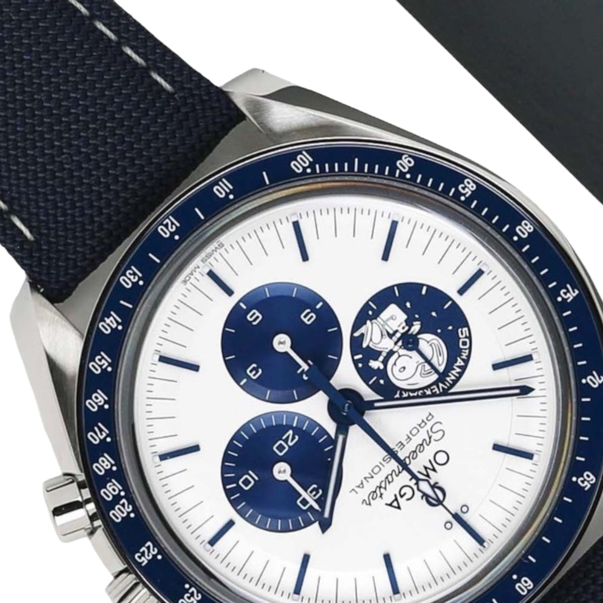Omega Speedmaster Mirror Original Watch for Men - White Dial, Blue Fabric Strap - Image 4