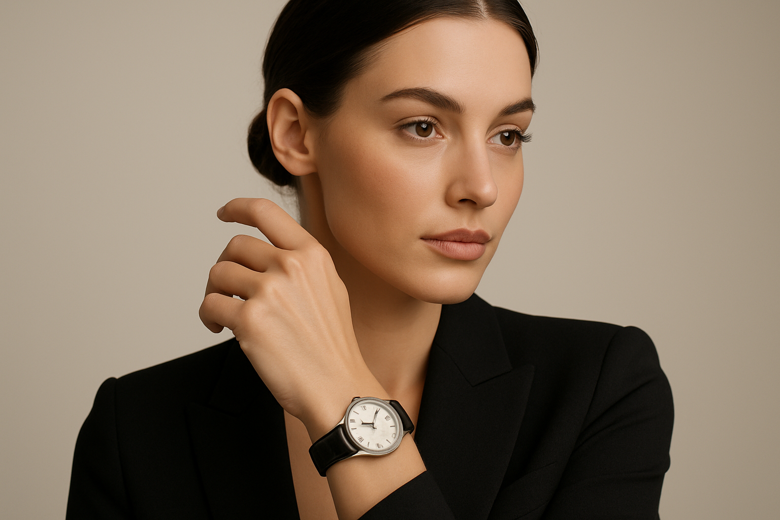 women model from chest to the head showing classic watch